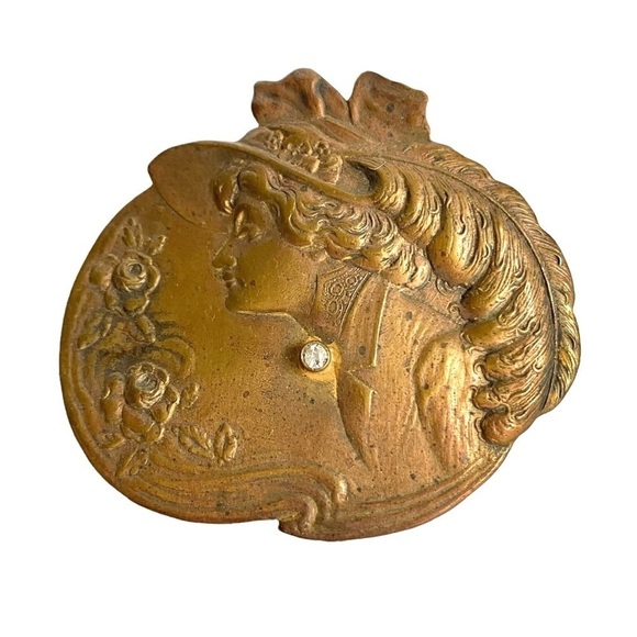 Art Nouveau Bronze Tone Brooch Female Profile Cameo Style Pin Large Estate Piece - Picture 1 of 9